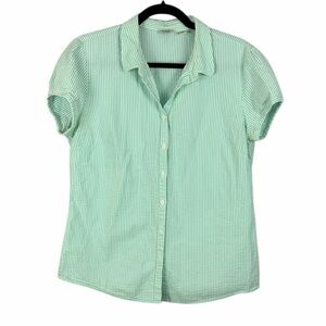 L.L. Bean Seersucker Shirt Green White Stripe Short Sleeve Button Down Medium